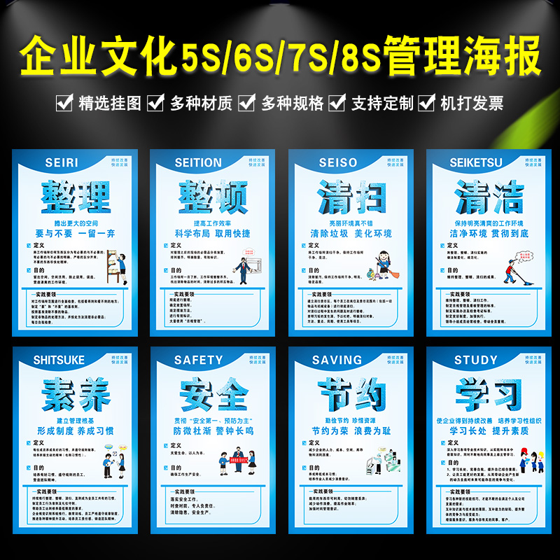 5S管理标语挂图 工厂车间S 7S 8S 9S质量管理企业文化宣传画海报