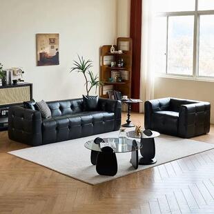 意式 简约双人黑色皮沙发小户型客厅现代简约直排猫爪皮沙发组合