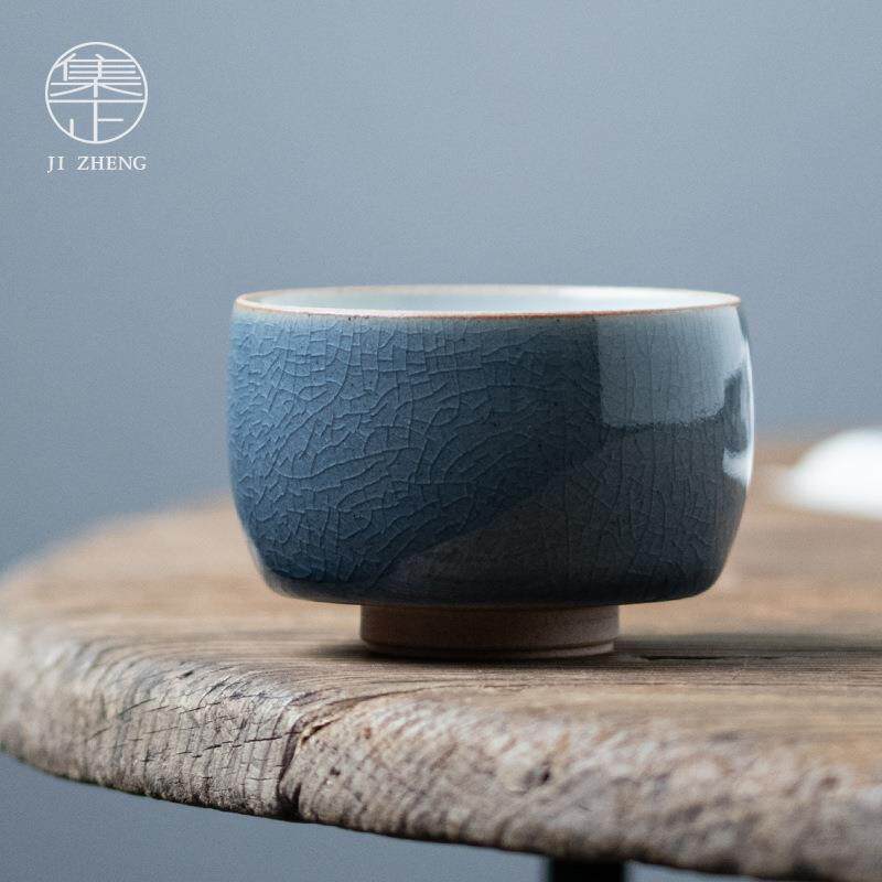 幽蓝老岩泥手工主人杯 手拉胚茶杯汝窑开片陶瓷茶杯茶盏单杯