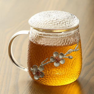 锤纹玻璃杯茶水分离泡茶杯带把可爱杯子办公室女水杯耐热带盖家用