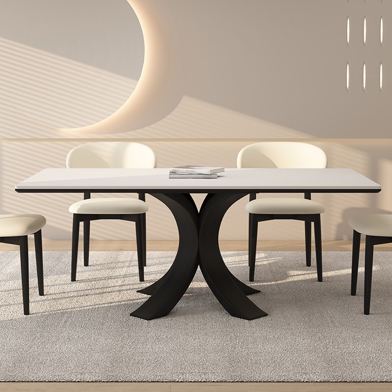 德利丰实木岩板餐桌小户型家用侘寂中古风高端黑色长方形全托饭桌