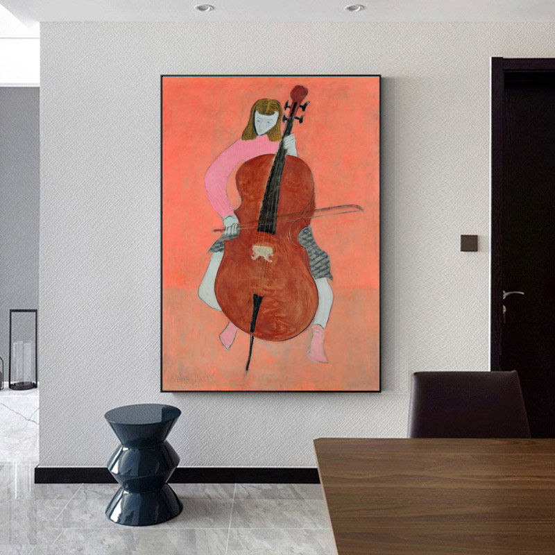 大提琴少女 现代抽象人物装饰画钢琴房画玄关走廊挂画壁画落地画