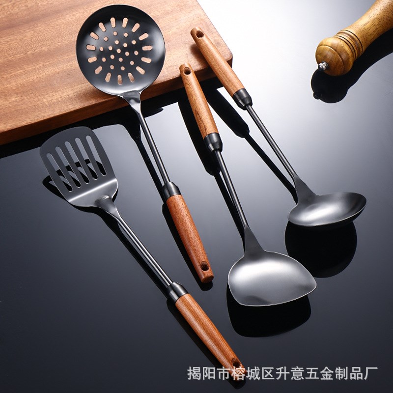不锈钢厨具沙比利木柄锅铲黑色锅铲汤勺漏铲漏勺金色厨具用品