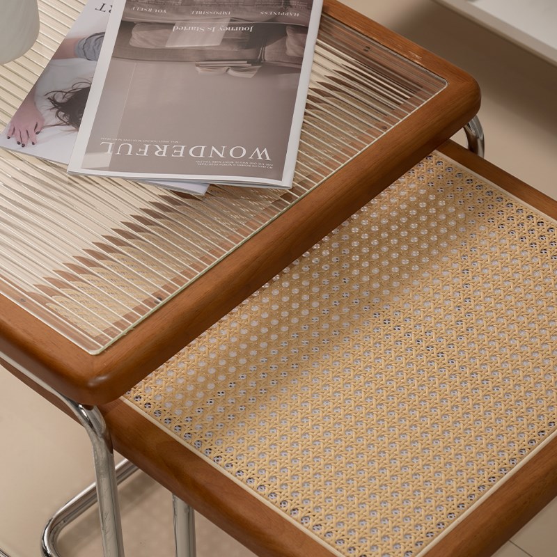 复古原木家用藤编茶几法式简约现代小户型边几客厅方形玻璃黑色桌