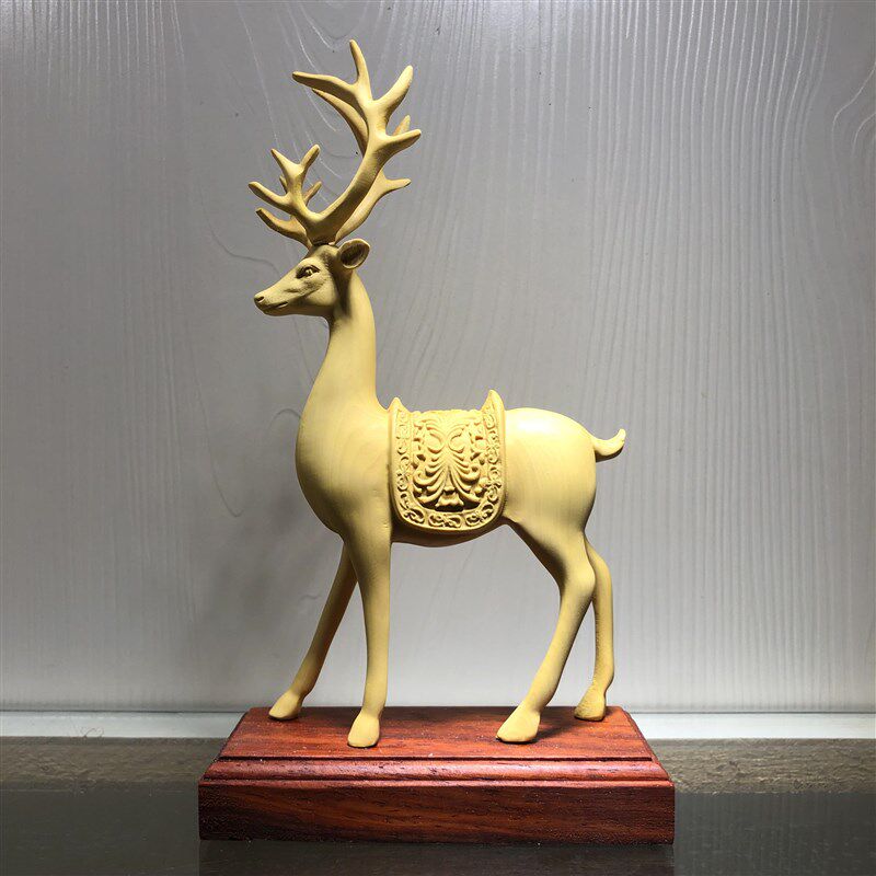 黄杨木雕梅花鹿一路平安摆件配红木底座家居电视柜博古架装饰礼品