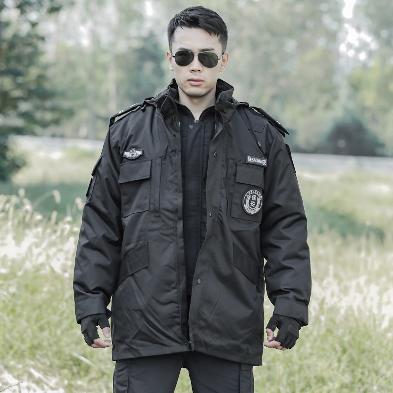 保安大衣冬季工作服棉衣男加厚冷库防寒服黑色作训中长款劳保棉袄