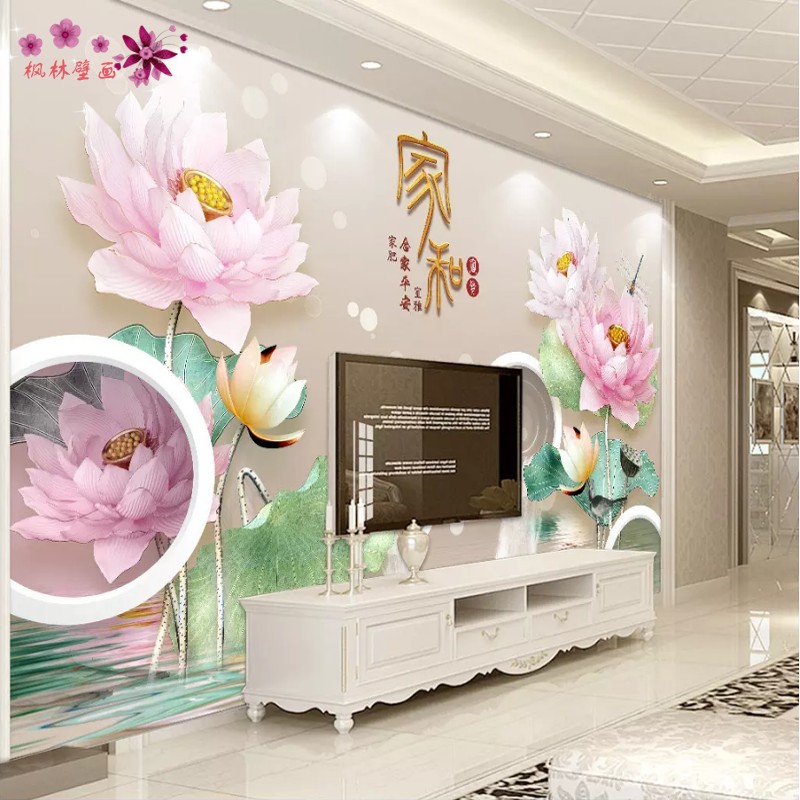3D立体浮雕现代中式荷花电视背景墙纸莲花壁纸荷叶壁画无缝墙布