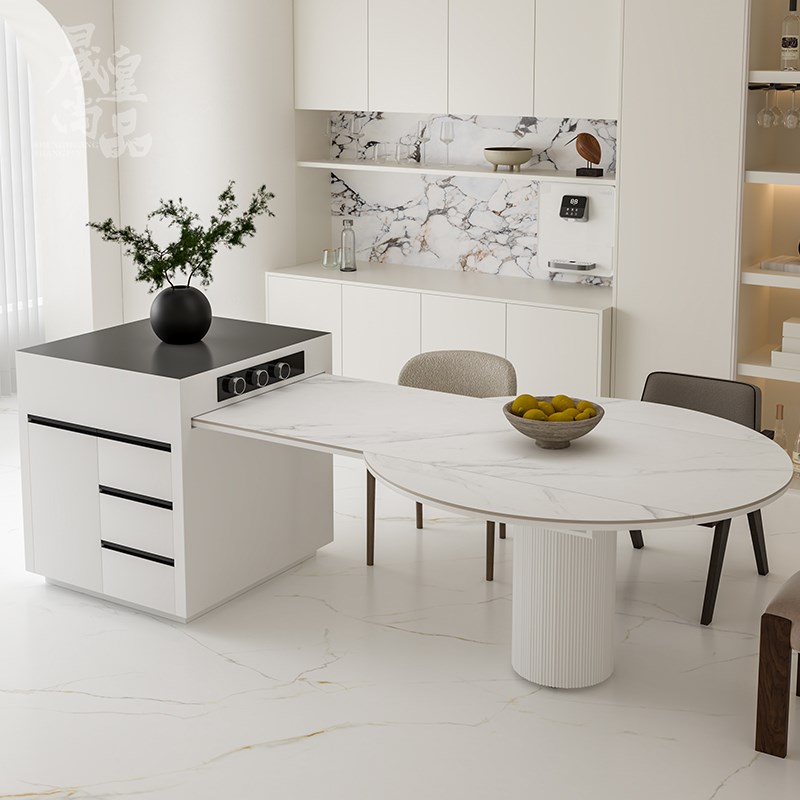 岛台餐桌一体式家用多功能可伸缩折叠岩板餐桌2025新款中岛台圆桌