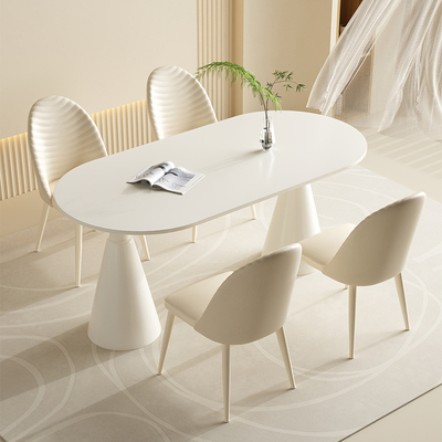 法式奶油风餐桌家用小户型纯白岩板餐桌椅2023新款圣盃椭圆形桌子