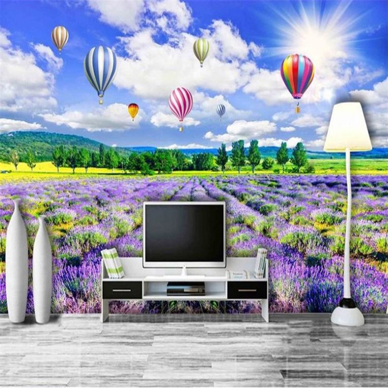 现代薰衣草花海墙纸田园风景电视背景墙布热气球蓝天白云卧室壁画