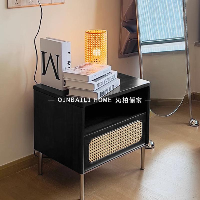 简约中世纪复古藤编床头柜小户型卧室轻奢床边柜简约现代储物柜
