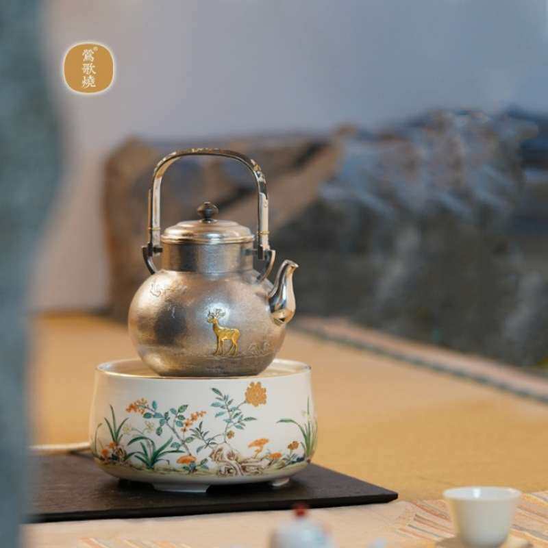 莺歌烧新品粉彩灵竹水仙电陶炉家用无线遥控静音煮茶不挑壶煮茶器
