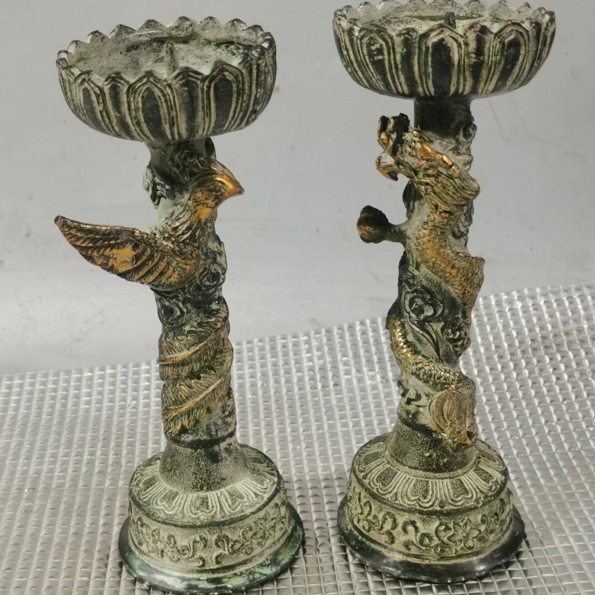 仿古龙凤烛台摆件古玩杂项龙凤呈祥烛台一对家居装饰古董工艺品