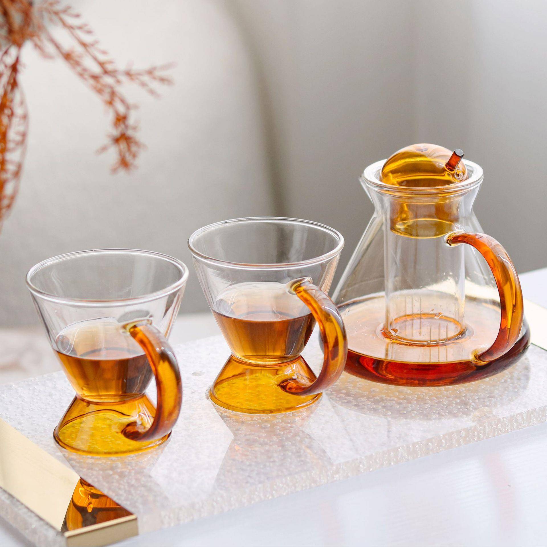 现代轻奢玻璃茶壶茶杯摆件样板间咖啡厅茶室酒店套装组合软装饰品