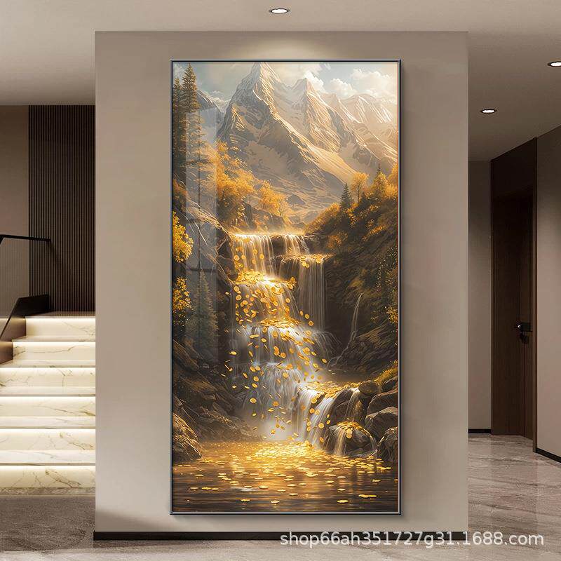 高山流水生财玄关装饰画聚宝盆客厅走廊过道壁画竖版山水风景挂画