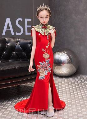 高档女童古筝演礼中国风红色儿服童模特走秀花童婚小女孩国礼出潮
