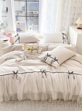 高档公主风纯s棉四件套棉蕾100丝白色被套床裙in少全女心四季床上