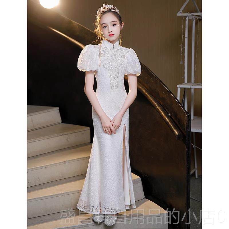 高档白色中女童旗袍2025新款儿童风改良版主持人小孩国古筝演出女