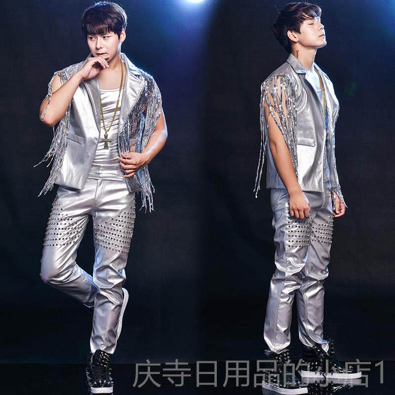 高档男歌手夜店酒吧架子鼓D皮J出服个性潮流苏亮片铆钉马甲pu裤演