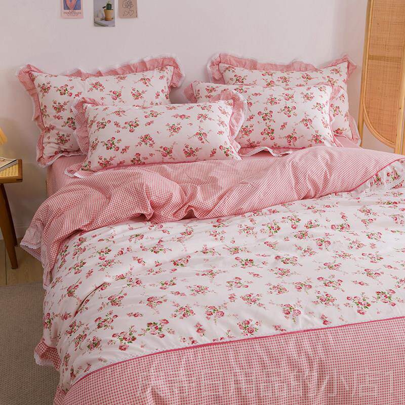 高档田园小花蕾丝四件纯套棉粉红套公主风上格床床单被床用品