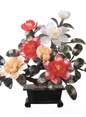 高档天然宫然廷玉石盘景牡丹花客式厅家居法天新新中式工艺品中式