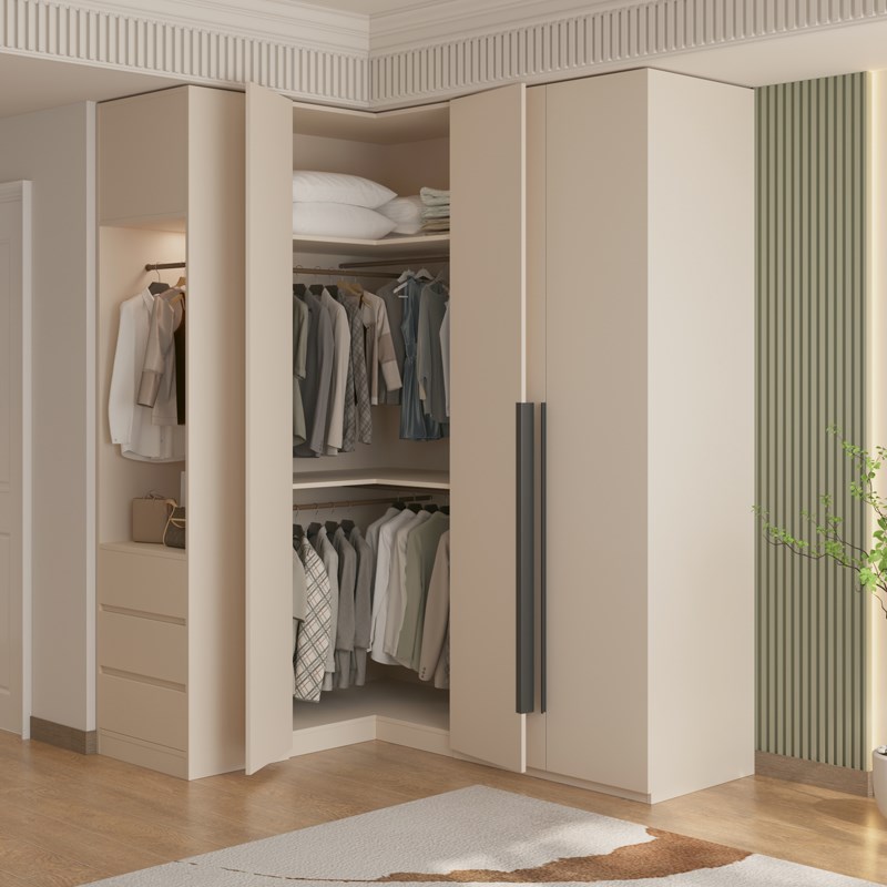 L型转角衣柜梳妆台一体 家用卧室一门到顶 小户型奶油风拐角衣橱