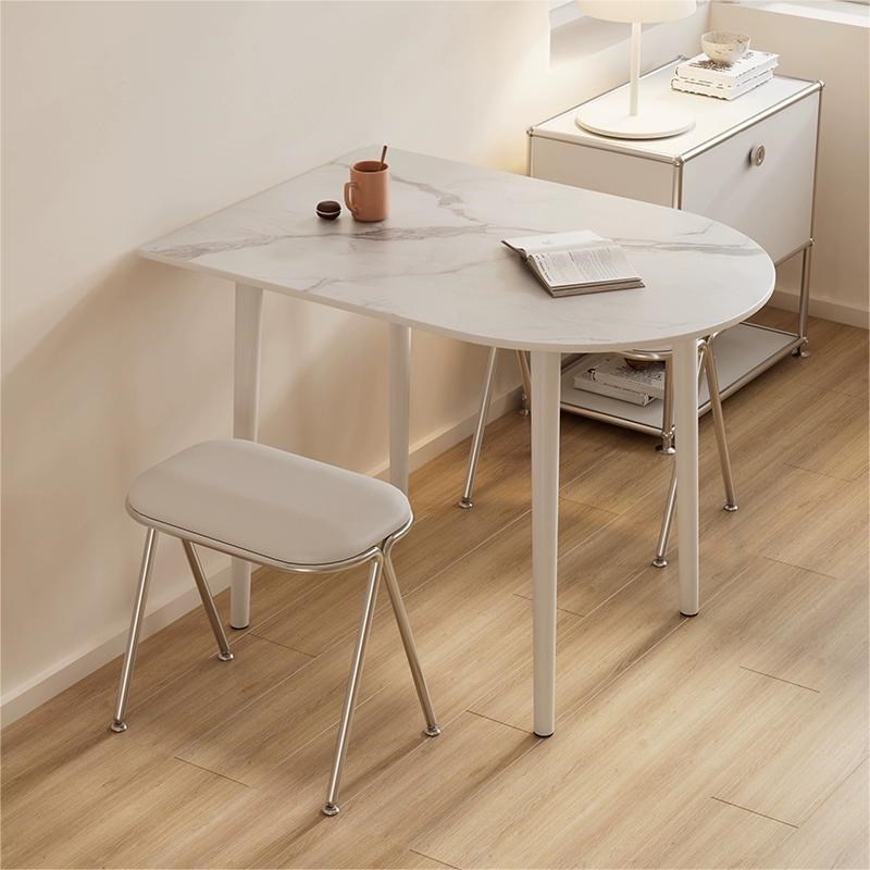 简约现代风小户型家用公寓半圆岛台餐桌靠墙椭圆形纯白岩板饭桌椅