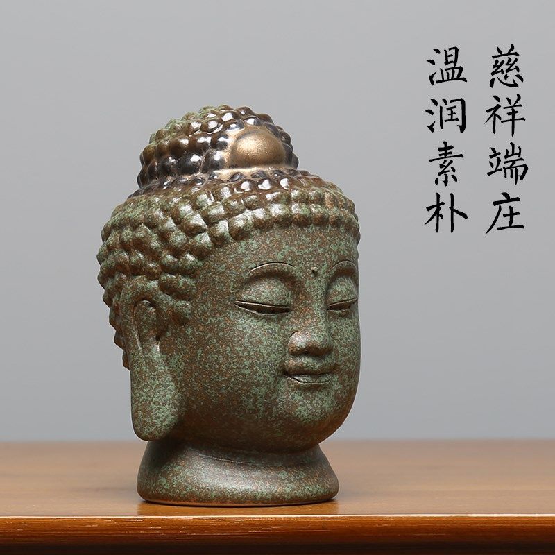 中式仿青铜创意佛首头客厅博古架多宝阁装饰品陶瓷桌面摆件工艺品
