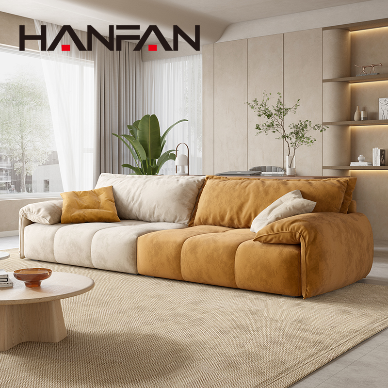 奶油系侘寂风拼色绒布沙发双人客厅小户型宽座深乳胶科技布艺沙发