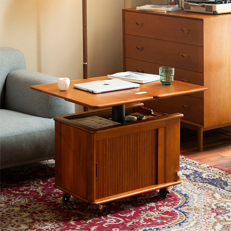 萨得船长柚木可移动折叠茶几推车可升降小户型客厅沙发边几侧边柜