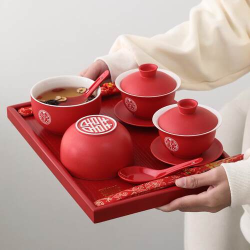 敬茶杯结婚套装一对红色喜碗对碗新人改口敬茶杯陪嫁茶碗婚庆托盘