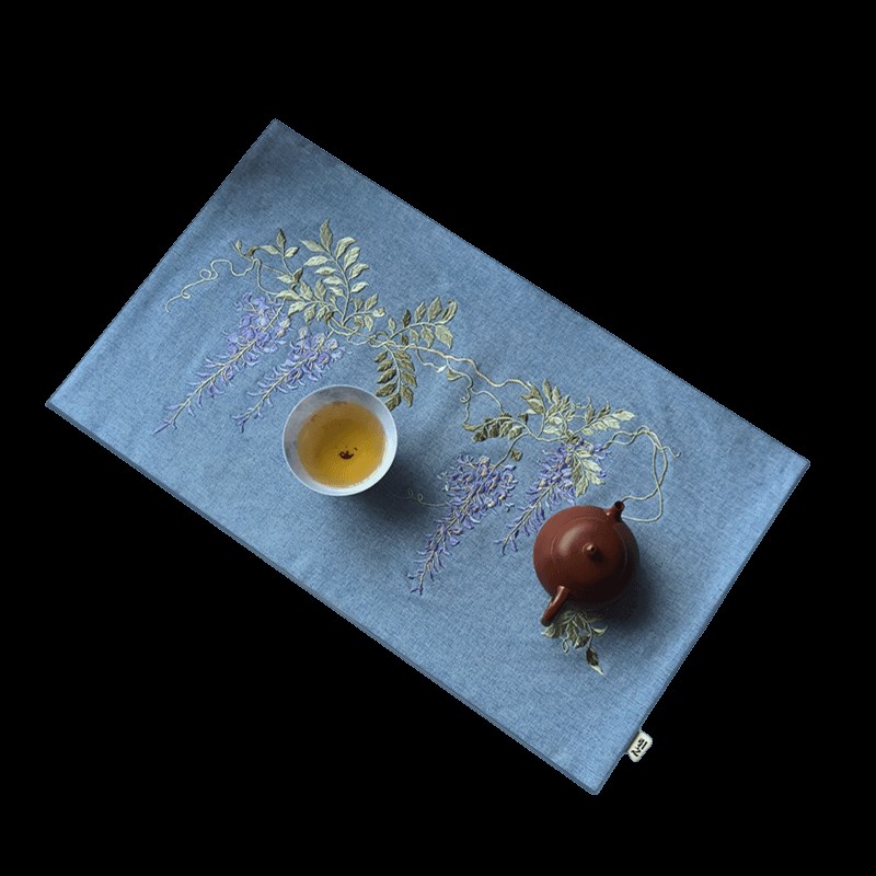 引之刺绣紫藤茶垫棉麻茶席布艺礼品复古茶布中式茶席干泡茶道文艺