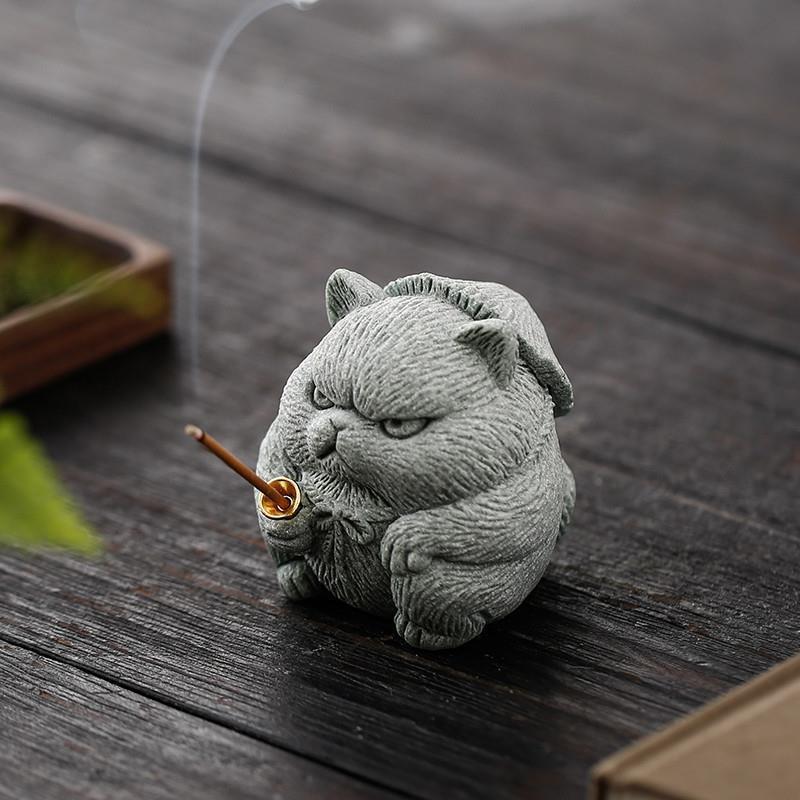 侠客小猫钓鱼茶宠摆件可爱小猫咪香插鱼缸盆栽造景桌面装饰品