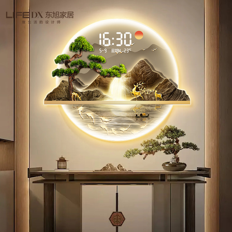 入户玄关装饰画带灯钟表挂钟客厅高级感流水生财挂画电子时钟挂墙