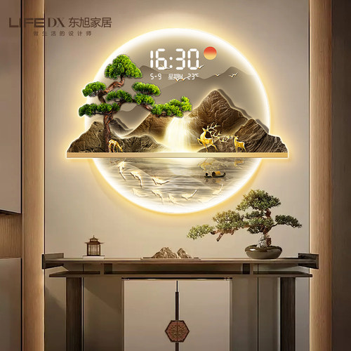 入户玄关装饰画带灯钟表挂钟客厅高级感流水生财挂画电子时钟挂墙