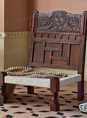 印度Pida椅实木雕花沙发椅民宿创意手工编织沙发椅子