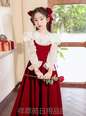 高档演女童持晚礼服高端红色花童小女孩公主裙丝绒春夏儿主童钢琴