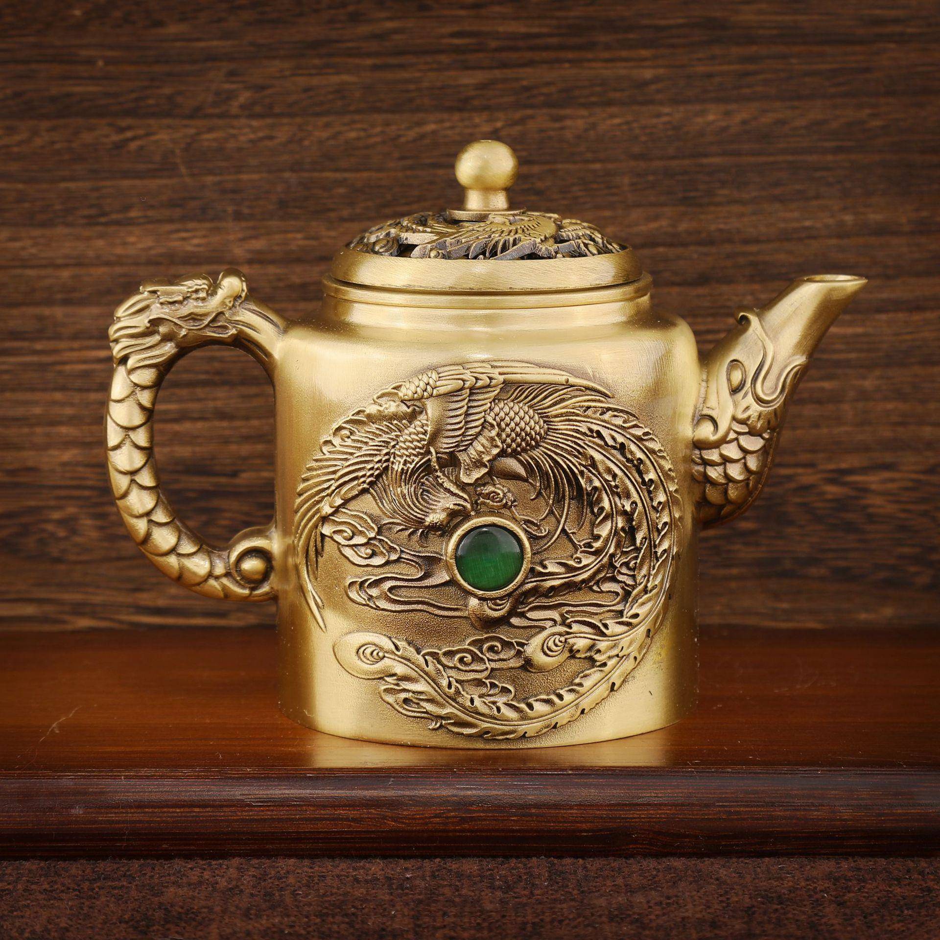 复古龙凤转转宝石茶壶仿古做旧铜器装饰品摆件