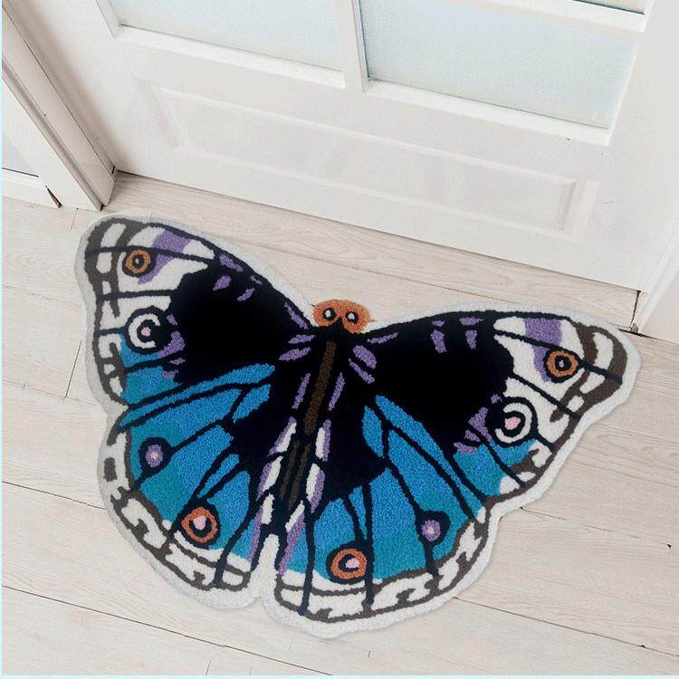 新款蓝色蝴蝶刺绣地毯现代简约时尚地垫家居创意门口脚垫静音全铺