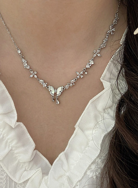 满钻贝母蝴蝶项链女法式锆石