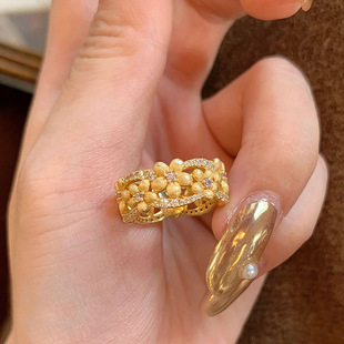 小红书爆款富桂桂花戒指Vintage中古拉丝小桂花指环点钻花朵尾戒