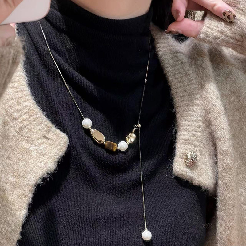 天然虎眼石珍珠串珠抽拉项链女铜镀真金法式长款吊坠流苏颈链项饰