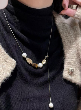 天然虎眼石珍珠串珠抽拉项链女