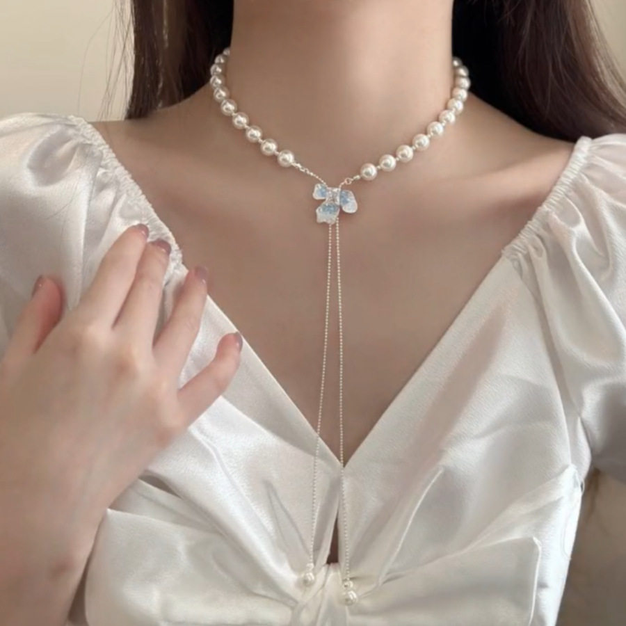 法式蓝色鸢尾花珍珠项链小众