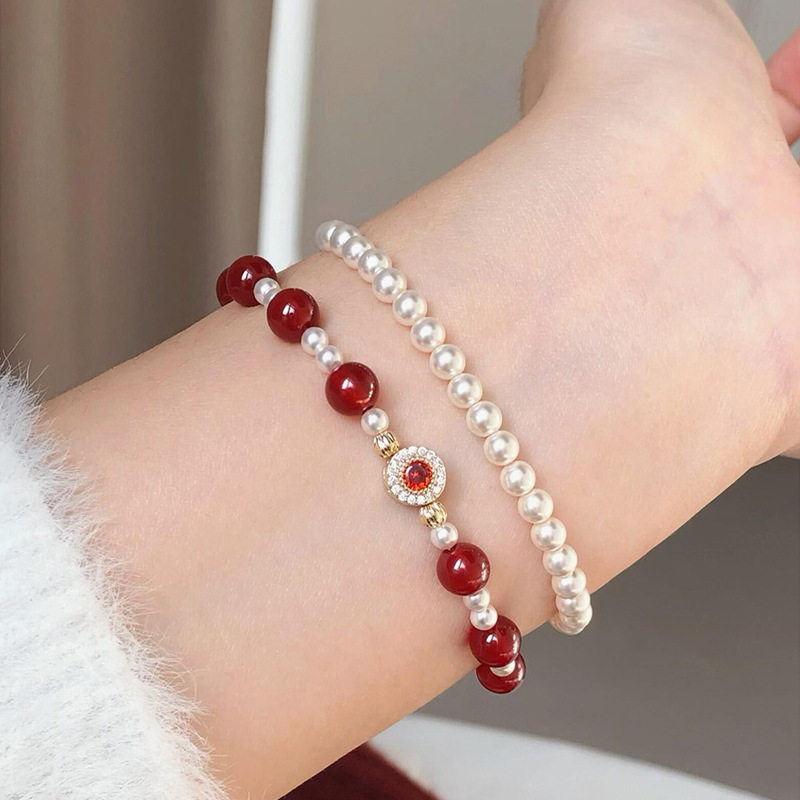 天然红玛瑙珍珠手链女款高级感手串小众串珠新中式马年本命年手饰