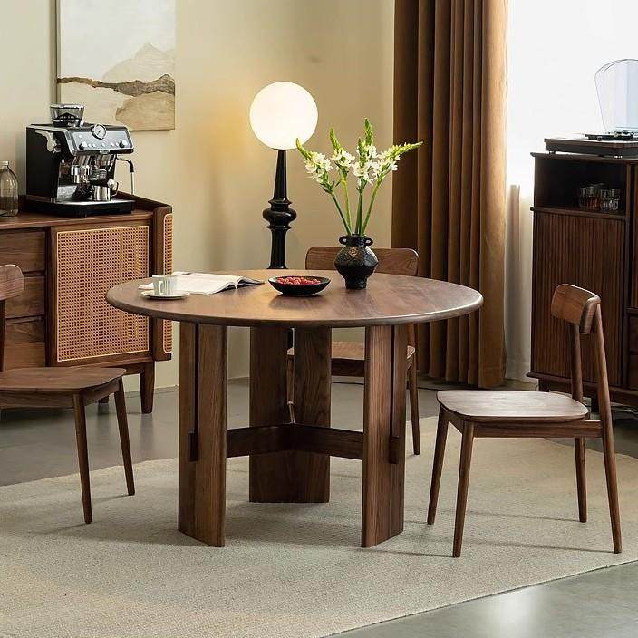 北美进口黑胡桃圆桌中小户型家用圆餐桌复古原木岩板餐饭桌洽谈桌