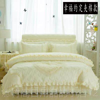 正品公主风床四件套韩式花加边纯色加棉厚裙床婚罩蕾丝床单被套庆