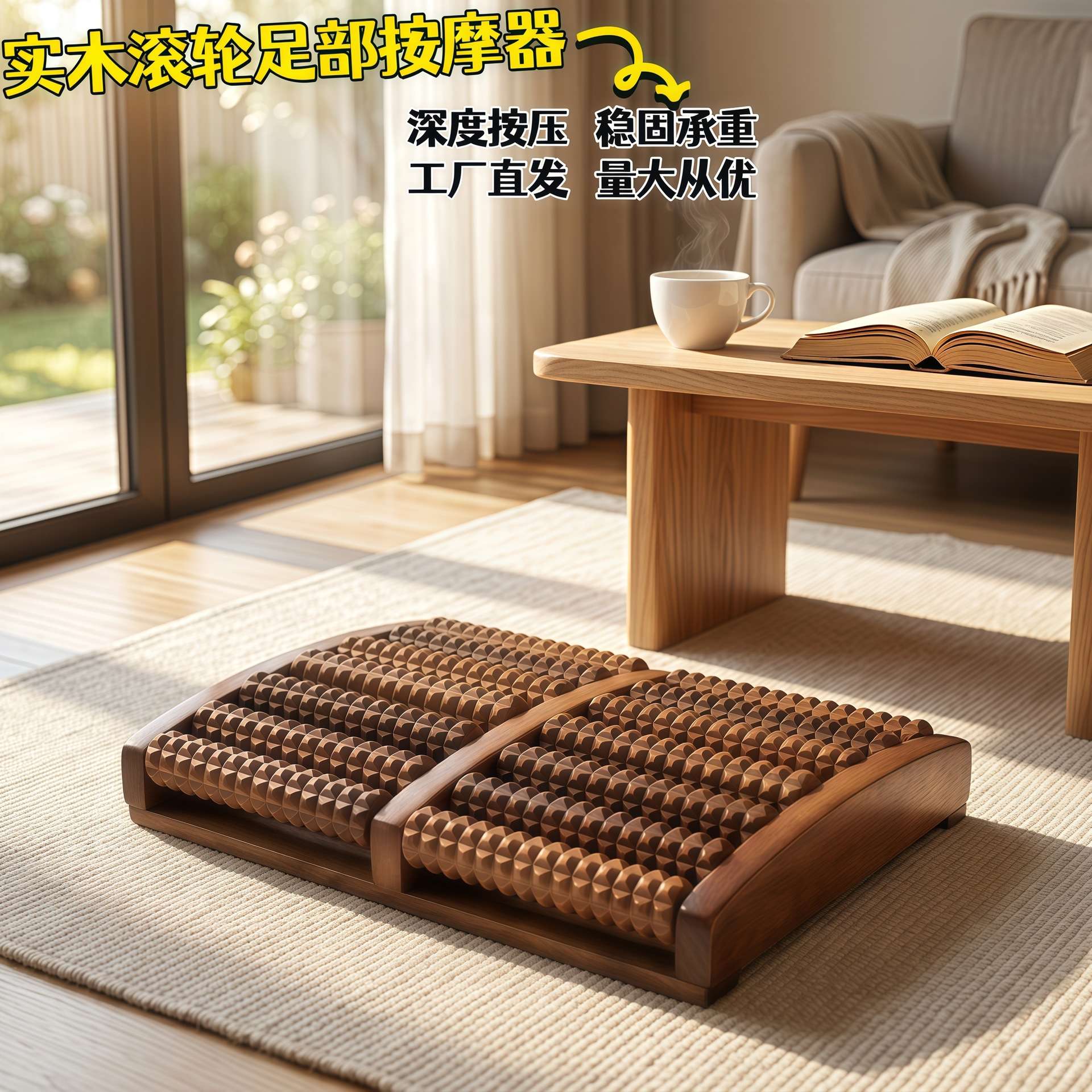 实木滚轮足底按摩器八排设计家用
