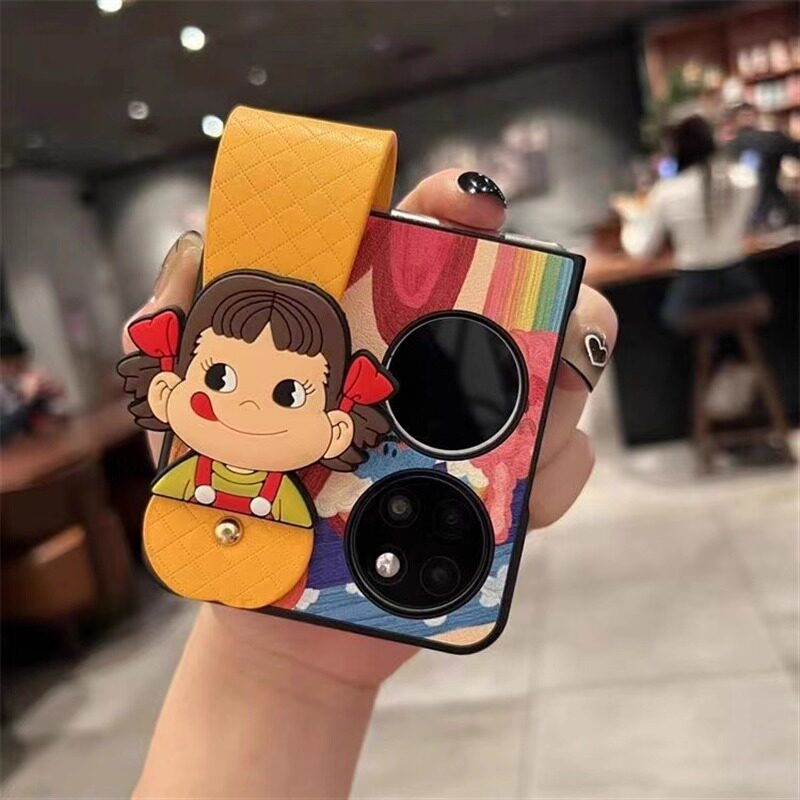 适用华为p50pocket手机壳折叠屏pocket2腕带卡通不二家牛奶妹新款novaFlip S支架防摔N3Flip女外壳可爱油画