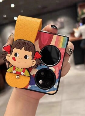 适用华为p50pocket手机壳折叠屏pocket2腕带卡通不二家牛奶妹新款novaFlip S支架防摔N3Flip女外壳可爱油画